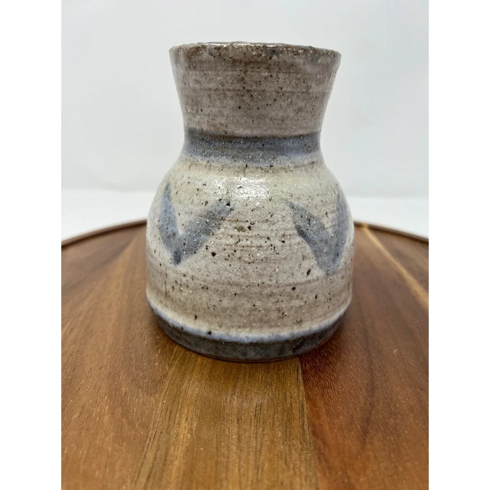 Handmade Ceramic Vase Rustic Beige Blue Zigzag Pattern‎ Small Bud Vase